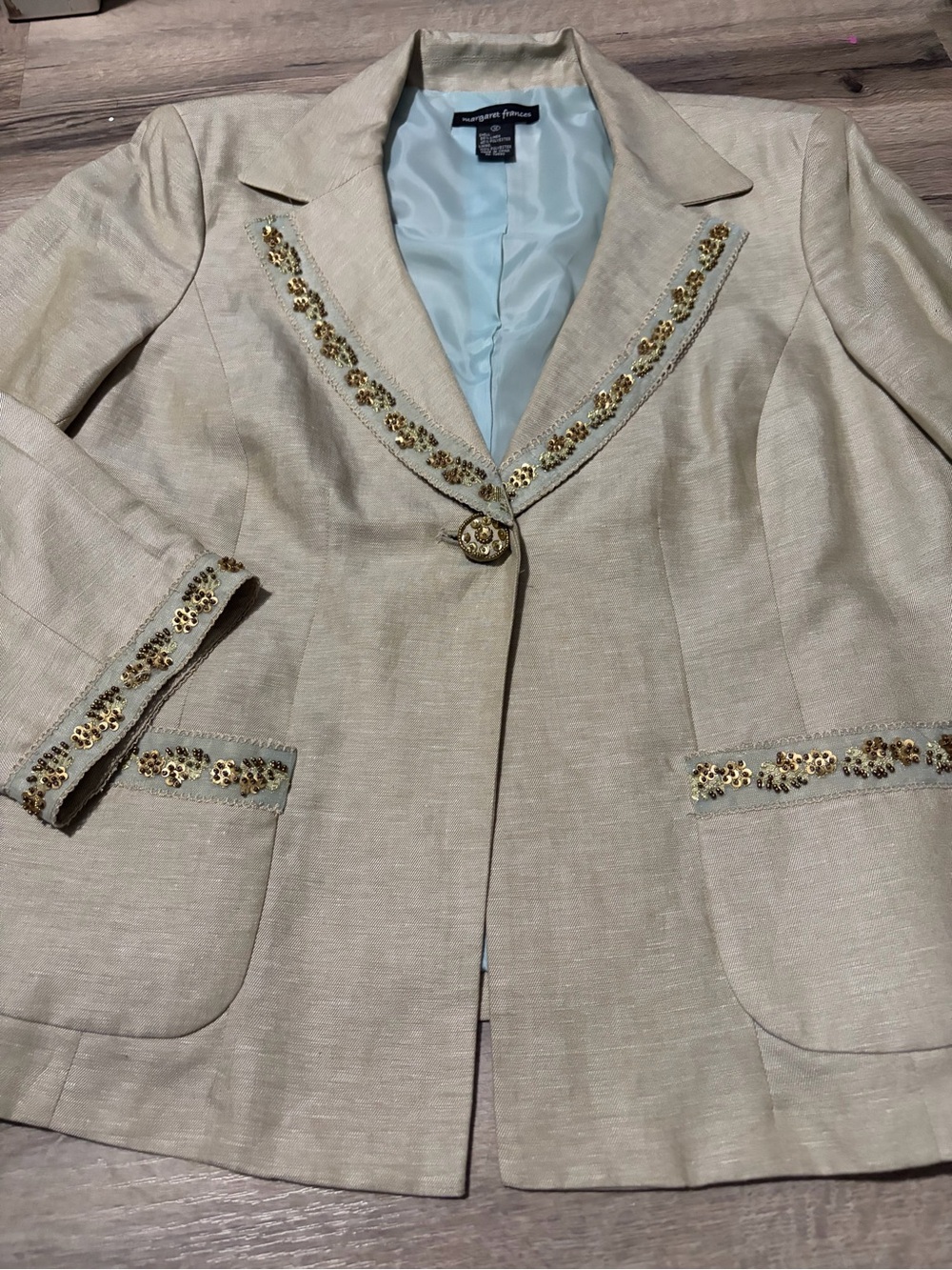 Tan linen Embellished Women's Blazer- size 12- gorgeous !